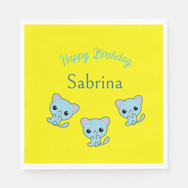 Servilleta De Papel Feliz cumpleaños lindos gatitos azules amarillos (Anverso)