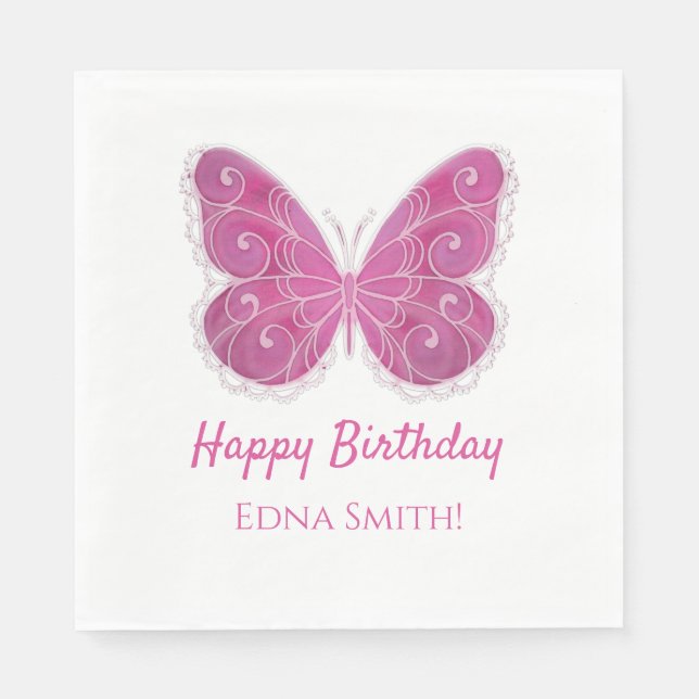 Servilleta de papel Feliz Cumpleaños Mariposa Rosa (Anverso)