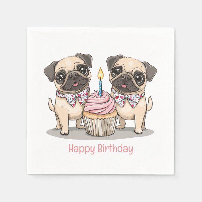 Servilleta De Papel Feliz cumpleaños, pastelito de perros pug (Anverso)