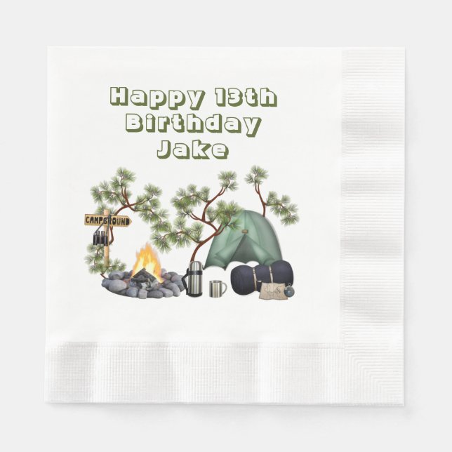 Servilleta De Papel Feliz Cumpleaños Personalizado con Tema de Camping (Anverso)
