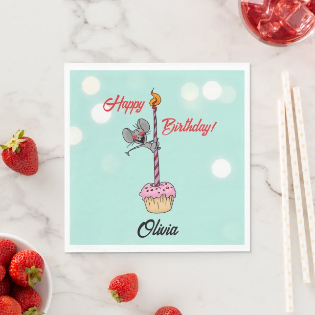 Servilleta De Papel Feliz Cumpleaños Ratón con Cupcake y Vela (In situ)