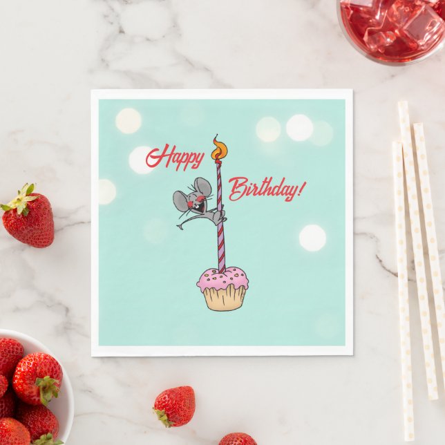 Servilleta De Papel Feliz Cumpleaños Ratón con Cupcake y Vela (In situ)