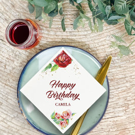 Servilleta De Papel Feliz Cumpleaños Red Gold Vintage Floral Rosa Pers