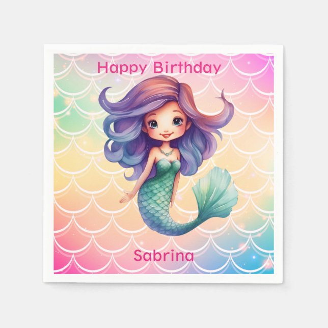 Servilleta De Papel Feliz cumpleaños, sirena del Chica (Anverso)