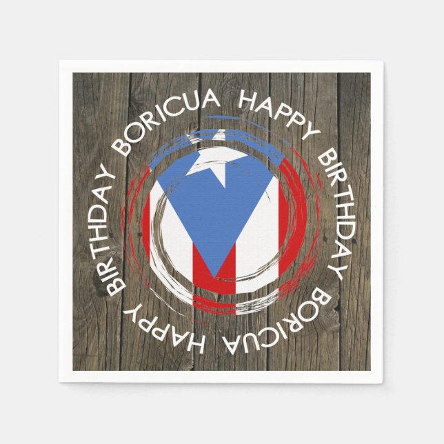 Servilleta De Papel Feliz cumpleaños, tema de Boricua en la madera rús (Anverso)