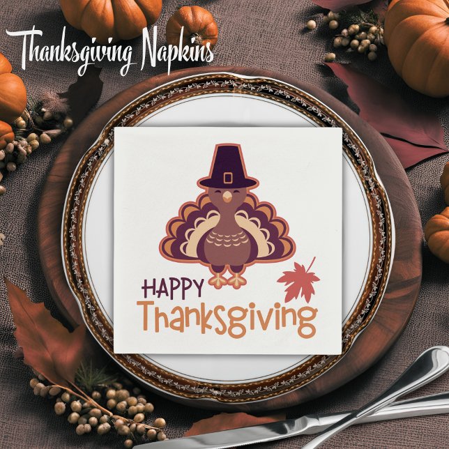 Servilleta De Papel Feliz Día de Acción de Gracias Peregrina Turquía (Happy Thanksgiving Cute Pilgrim Turkey Napkins)