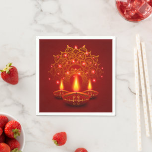Servilleta De Papel Feliz Diwali Red Gold Sparkle Mandala Diya Candles