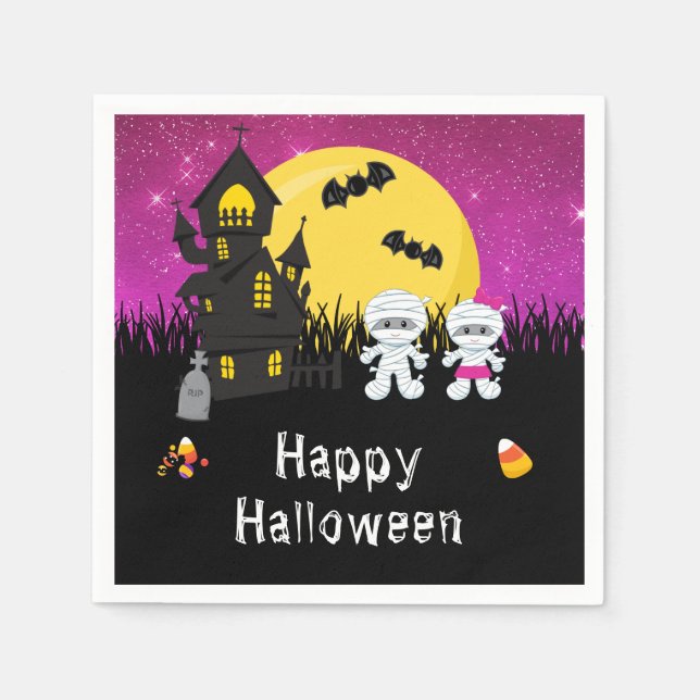 Servilleta De Papel Feliz Fiesta de Halloween Mummy Pink (Anverso)