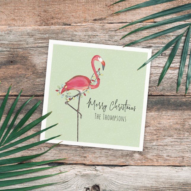 Servilleta De Papel Feliz fiesta navideña ilumina flamenco rosa (Christmas holiday pink flamingo whimsical calligraphy script cocktail napkin,)