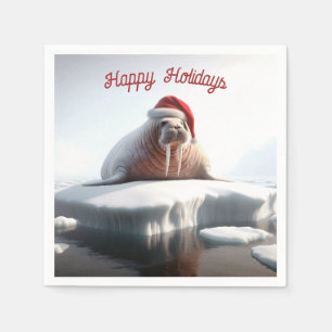 Servilleta De Papel Feliz fiesta, Walrus usando un Santa Hat