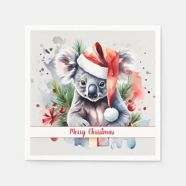 Servilleta De Papel Feliz Gorra de Navidad Festividad Koala - (Anverso)