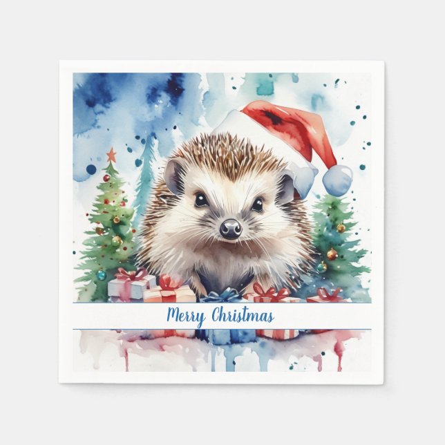 Servilleta De Papel Feliz Gorra de Navidad Hedgehog festivo - (Anverso)