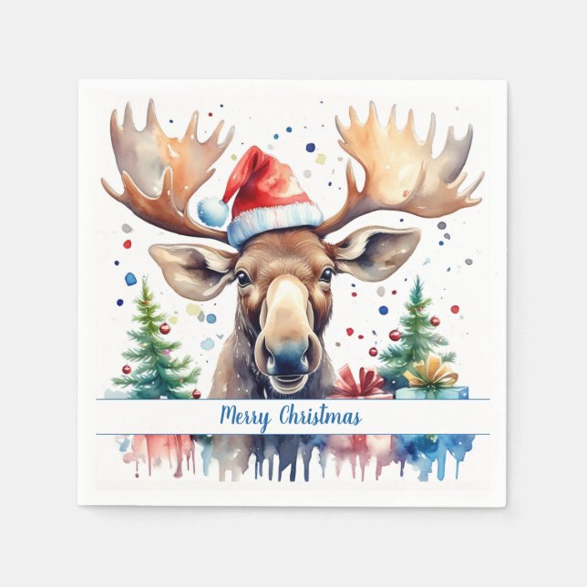 Servilleta De Papel Feliz Gorra navideño Moose festivo - (Anverso)