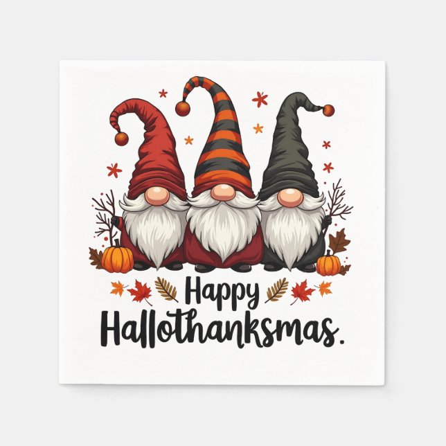 Servilleta De Papel Feliz Hallothanksmas Halloween Navidad Gnomes (Anverso)