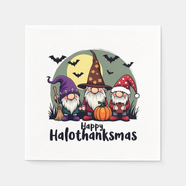 Servilleta De Papel Feliz Hallothanksmas Navidad Gnomes de Halloween (Anverso)