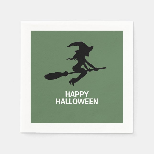 Servilleta De Papel Feliz Halloween, Bruja En Broomstick (Anverso)