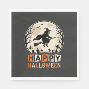 Servilleta De Papel Feliz Halloween Bruja Luna Cementerio Diseño_1