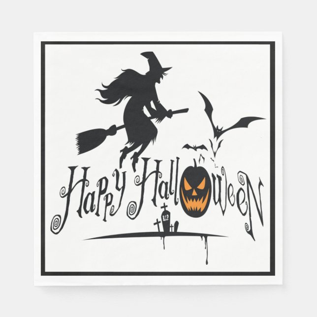 Servilleta De Papel Feliz Halloween Bruja y Murciélagos (Anverso)