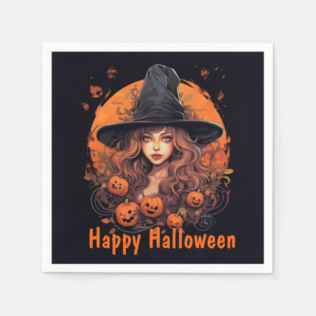 Servilleta De Papel Feliz Halloween con brujas y calabazas (Anverso)