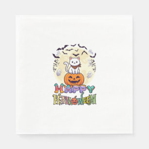 Servilleta De Papel Feliz Halloween Gato Blanco Calabaza Luna Murciéla