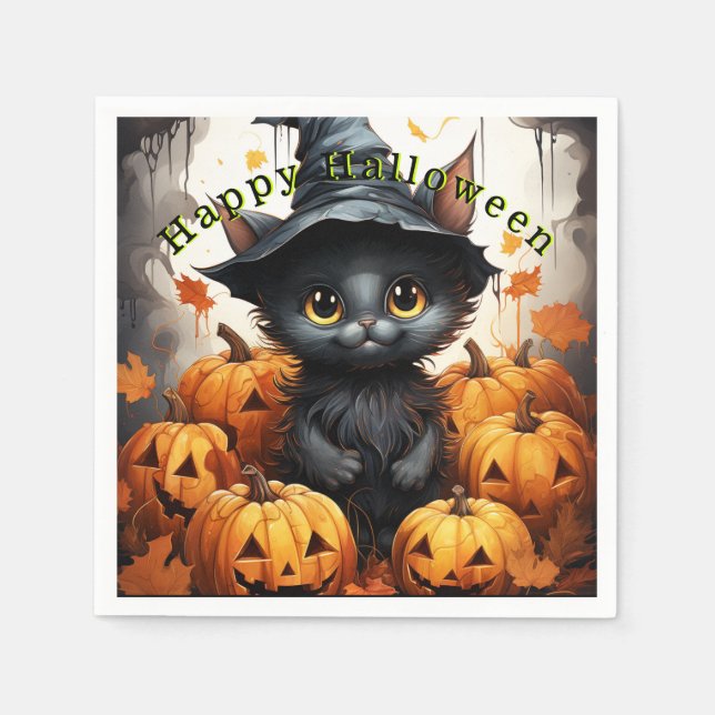 Servilleta De Papel Feliz Halloween Gatos Negros Calabazas (Anverso)