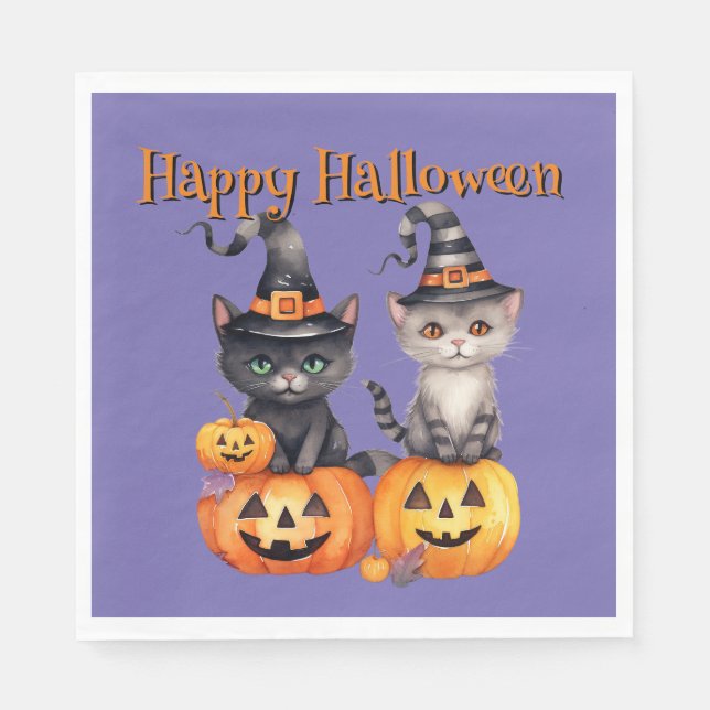 Servilleta De Papel Feliz Halloween | KITTENS & PUMPKINS en morado (Anverso)