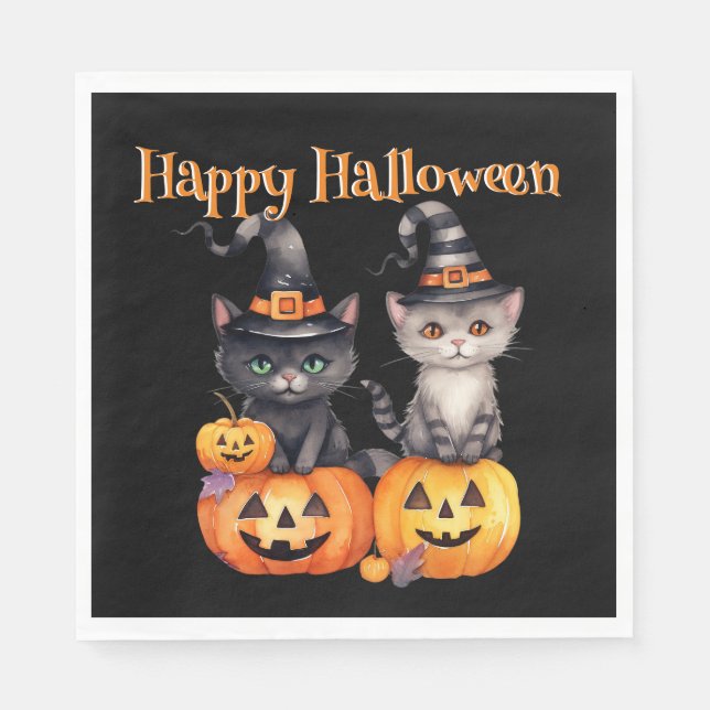 Servilleta De Papel Feliz Halloween | KITTENS & PUMPKINS en negro (Anverso)