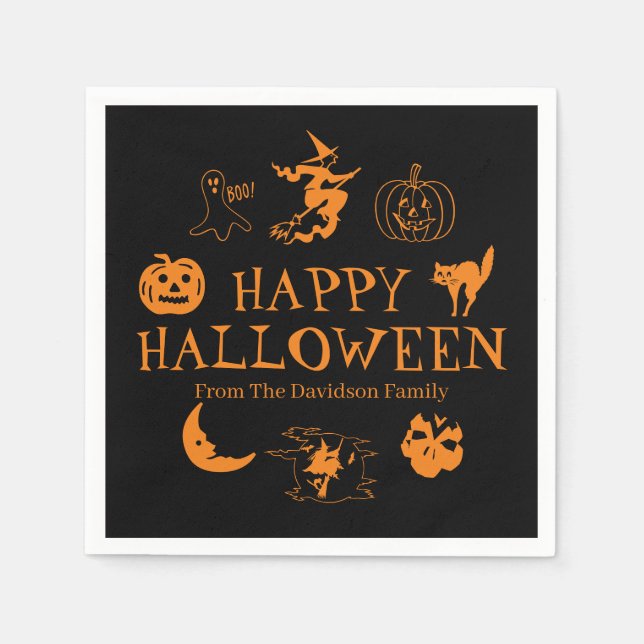 Servilleta De Papel Feliz Halloween nombre personalizado naranja negro (Anverso)