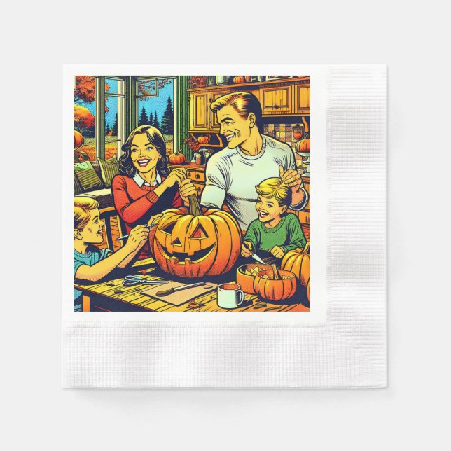Servilleta De Papel Feliz Halloween Nostalgic Family Carving Pumpkins (Anverso)