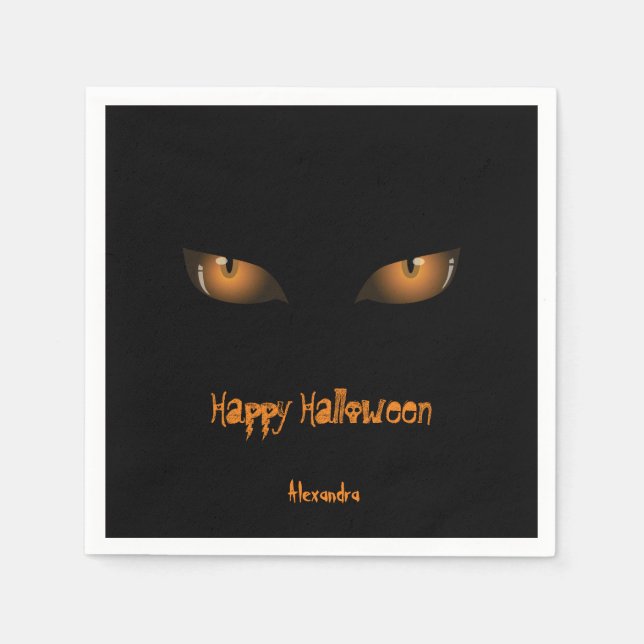 Servilleta De Papel Feliz Halloween | Ojos de gato Naranja negro (Anverso)