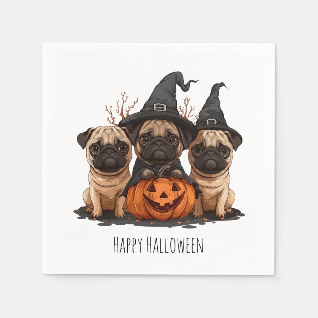 Servilleta De Papel Feliz Halloween Pugs Jack O Lanterns (Anverso)