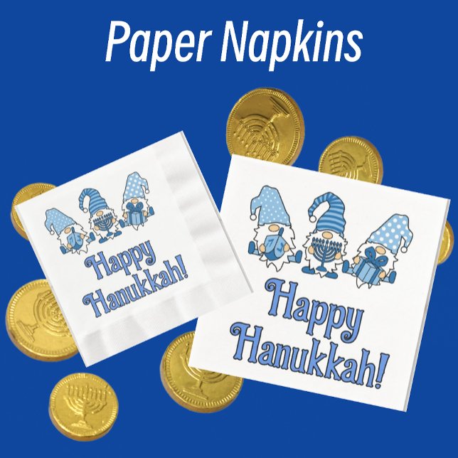 Servilleta De Papel Feliz Hanukkah con tres gnomos (Paper napkins in several sizes and shapes.)