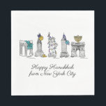 Servilleta De Papel Feliz Hanukkah desde Nueva York, NYC Chanukah<br><div class="desc">El Design presenta un original ilustracion con lápiz y tinta de varios monumentos de la ciudad de Nueva York, incluyendo la Estatua de la Libertad, el Arco de Washington Square y el Puente de Brooklyn, "vestido" para la temporada de fiestas. Ideal para celebrar Hanukkah y las fiestas judías. Este diseño...</div>