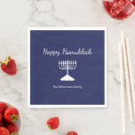 Servilleta De Papel Feliz Hanukkah Simple Menorah Blue<br><div class="desc">Feliz Hanukkah Blue Holiday fiesta servilleta,  con una simple menorah blanca y diseño de tipografía de escritura. Con letras en personalizable blanco,  puede añadir su propia información. Una manera festiva de celebrar con amigos y seres queridos.</div>