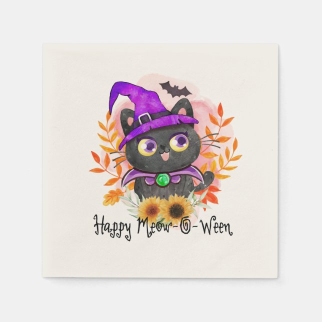 Servilleta De Papel Feliz Meow-o-ween-Black Witch Cat (Anverso)