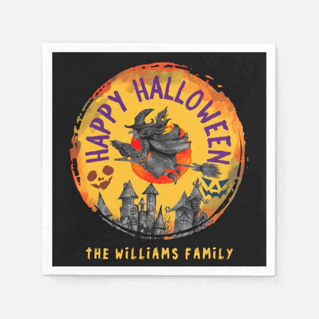 Servilleta De Papel Feliz Naranja de Halloween Black Witch Broomstick (Anverso)