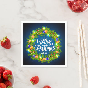 Servilleta De Papel Feliz Navidad 20XX Wreath verde en azul  