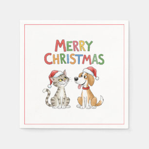 Servilleta De Papel Feliz Navidad al gato y al perro con sombreros de 