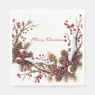 Servilleta De Papel Feliz Navidad Bayas Rojas Conos de Pino Nieve