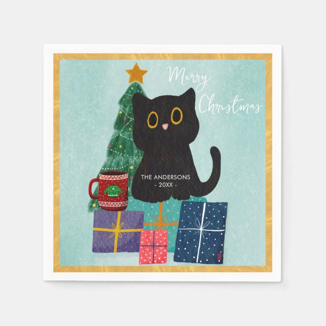 Servilleta De Papel Feliz Navidad Black Cat Navidad Árbol de Navidad N (Anverso)
