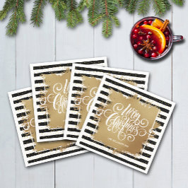 Servilleta De Papel Feliz Navidad Black White Stripes Gold Faux Reliev