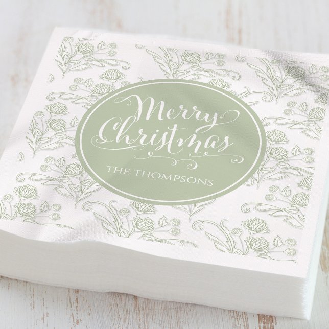 Servilleta De Papel Feliz Navidad Botánico Elegante Floral Verde (Elegant sage green botanical Merry Christmas personalized holiday cocktail napkin.)