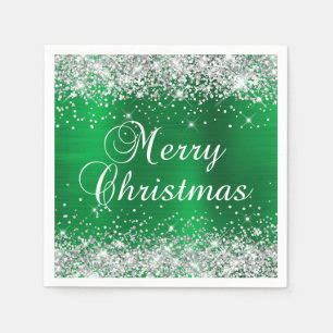 Servilleta De Papel Feliz Navidad Brillante Plateado y Verde
