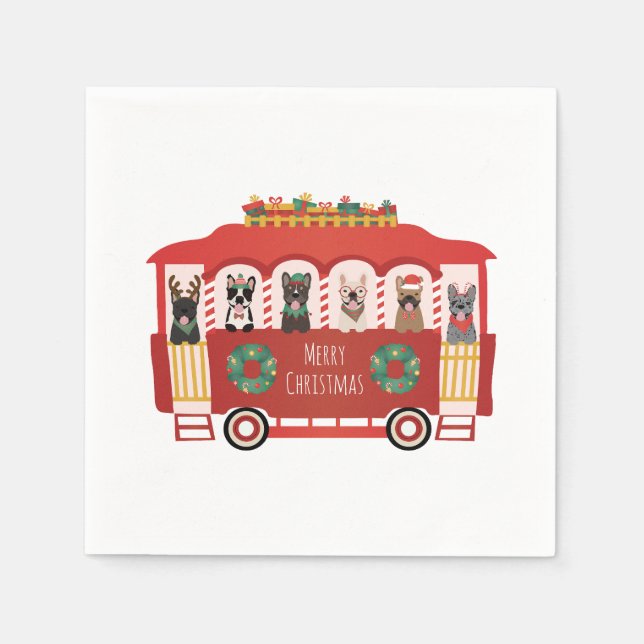 Servilleta De Papel Feliz Navidad Bulldoges franceses Holiday Trolly (Anverso)