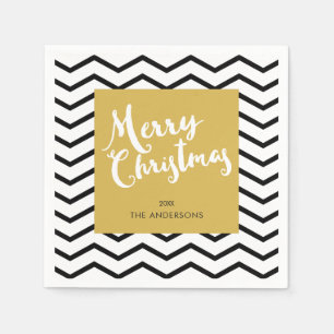 Servilleta De Papel Feliz Navidad Chevron Negros Dorado