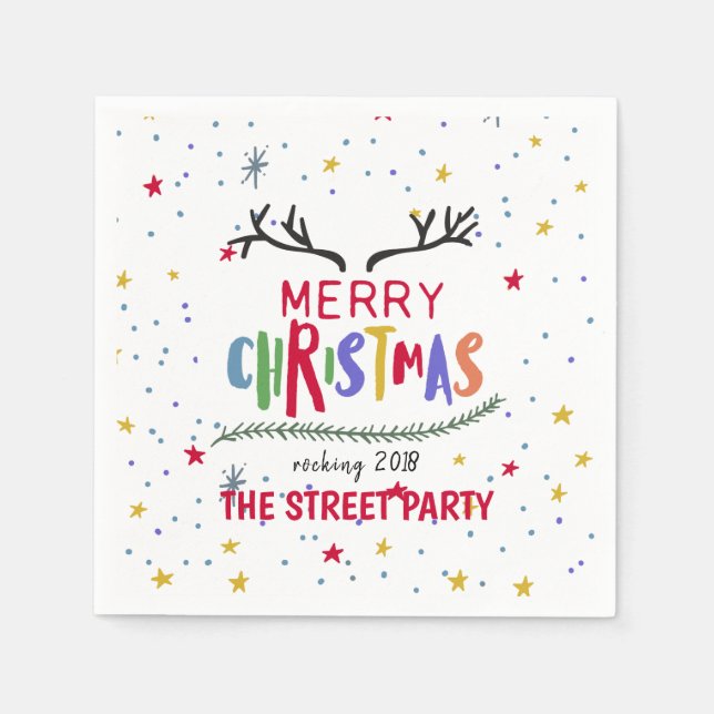 Servilleta De Papel Feliz Navidad, coloridos renos y estrellas (Anverso)