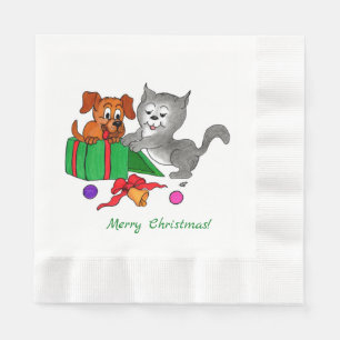 Servilleta De Papel Feliz Navidad con gato y perro