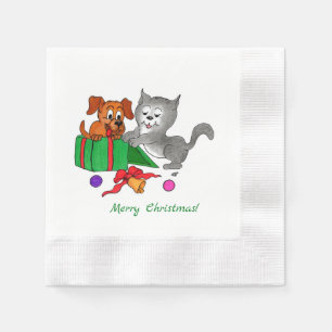 Servilleta De Papel Feliz Navidad con gato y perro