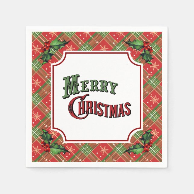 Servilleta De Papel Feliz Navidad Cuadros Rojos con Acebo (Anverso)