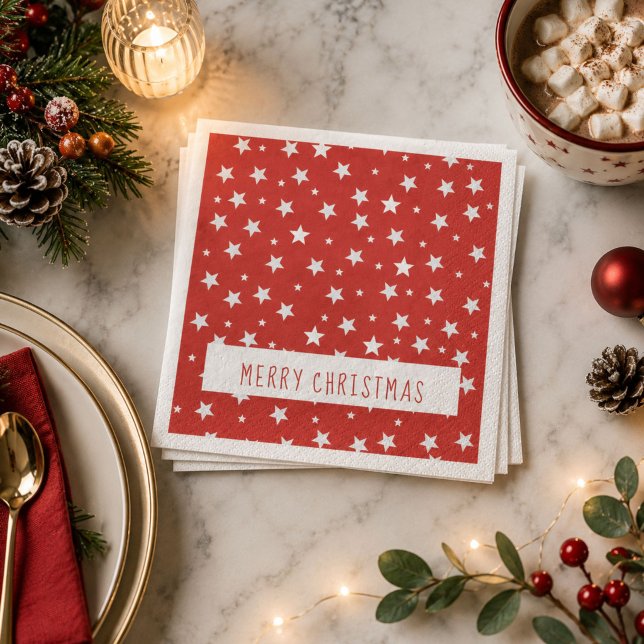 Servilleta De Papel Feliz Navidad Estrellas Blancas sobre Rojo (Subido por el creador)